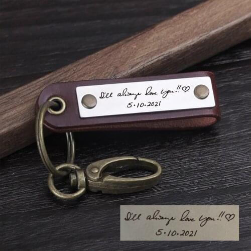 Vintage Genuine Leather Key Chain- Personalized Mens Gift - Can Be Custom With Your Handwriting And Fingerprint