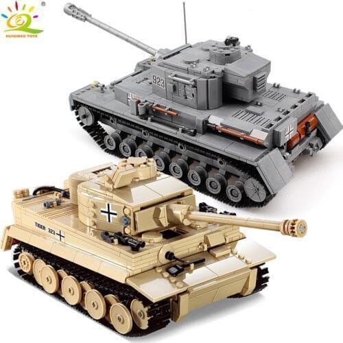 HUIQIBAO Military German Tiger Tank Classic Model Building Blocks with 2 WW2 Army Soldier Bricks Construction Toys for Children