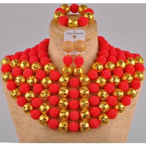 Red simulated pearl dubai gold african beads jewelry set nigerian wedding necklace for women FZZ29