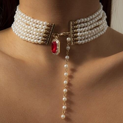 Multi Row Imitation Pearl Choker Necklace Statement Red Color Rhinestone Crystal Pendant Necklaces for Women Jewelry Accessories