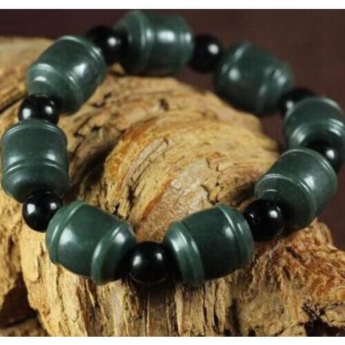 Natural Green Qing Yu Jade Drum Bracelet and Black Bead
