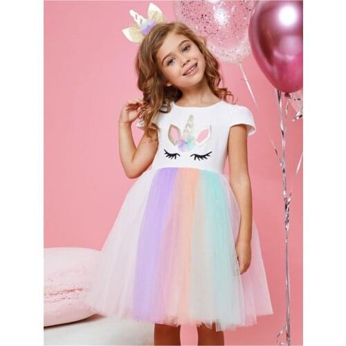 Female Child Raw White Unicorn Crowned Party Gown Zipper Short Sleeve Round Neck Thick Crep