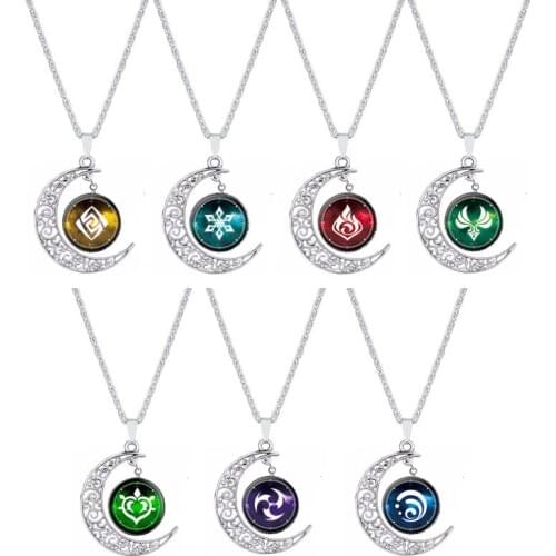 Genshin Impact Eye of God Necklace Anime Game 7 Elements Glass Cabochon Moon Shape Pendant Necklaces