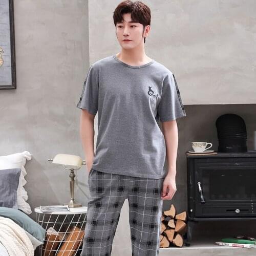 Gray Short Sleeve Tops + Plaid Long Pants 2pcs/set Pajama Set Casual Male Sleepwear Cotton Pijamas Hombre Plus Size 4XL Homewear