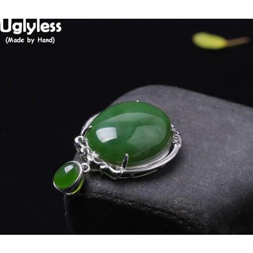 Uglyless Natural Green Jade Jasper Pendants Necklaces NO Chain Real 925 Silver Fine Jewelry for Women Evening Dress Pendant P948