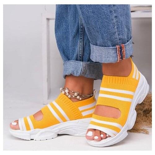 2021 New Womens Sandals Summer Stretch Fabric Peep Toe Wedges Sandals Ladies Thick Bottom Casual Cover Heel Sneakers