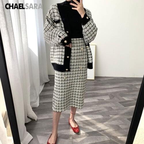 Spring Autumn High Waist Tweed Skirt Womens Vintage Office Double Breasted Plaid Knitted Midi Skirts
