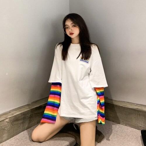 Colour Striped Patchwork Women Tshirt Autumn Casual Long Sleeve Women Tops Loose O-Neck Women Shirt