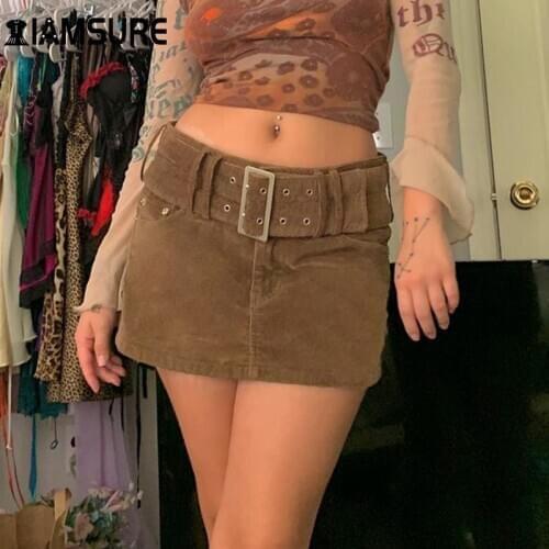 IAMSURE Women Corduroy Skirt Summer Sexy Mini Vintage Harajuku Belt Slim High Waist Straight Skirt Ladies Korean Style 2020