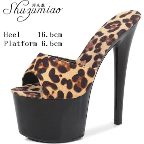 Model Women 17 CM Party Club Walking Show Stripper Super High Heel Slipper Female Summer 2021 New Sexy Leopard Platform Heels