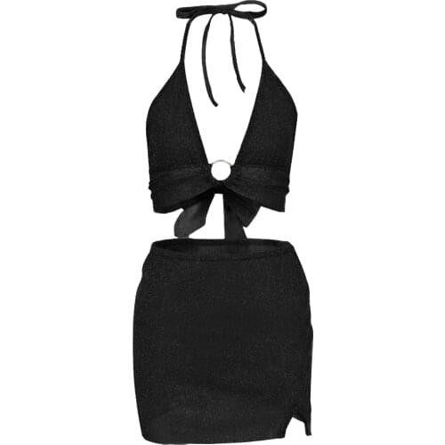 Womens Dress Sets Sexy Shiny Backless Crop Top Lace Up Camis Perspective Bright Silk Suit Solid Skirts Conjuntos De Vestido #35