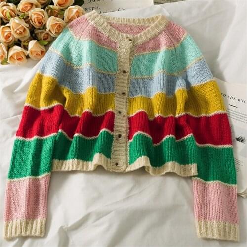 Women Knitted Cardigans Sweater Fashion Autumn Winter Long Sleeve Loose Coat Casual Rainbow Striped Cardigans Female Tops 2021
