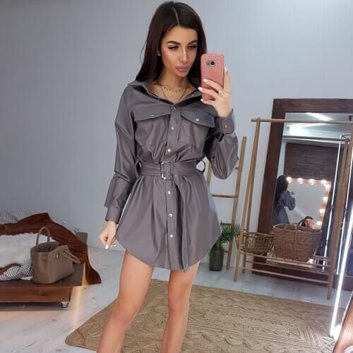 Women Pu Leather A-Line Sashes Mini Dress Front Pockets Solid Color Elegant Long Sleeve Shirt Dress 2020 Warm Winter Women Dress