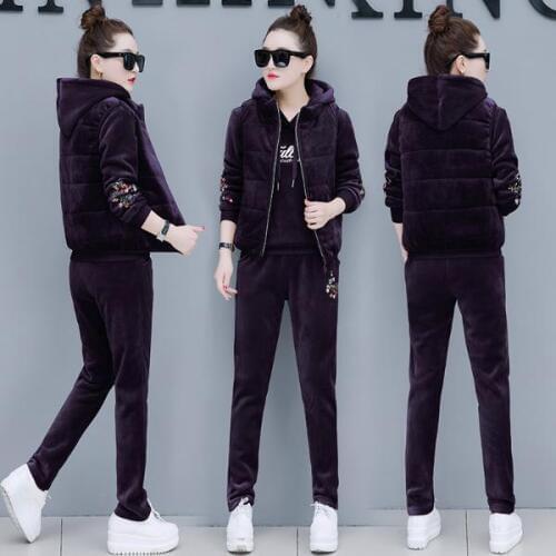 Gold velvet sweater suit female winter plus velvet thickening new winter fashion casual jacket vest three-piece suit A