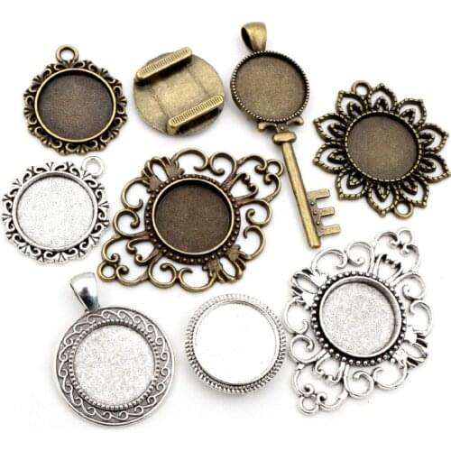10pcs 18mm Inner Size Antique Bronze And Antique Silver Plated Connection Style Cabochon Base Cameo Setting Charms Pendant