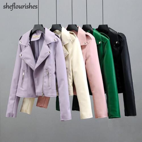 Fashion Pu leather jacket women turn down collar coat basic black leather jacket pink biker jacket zipper green streetwear 2020