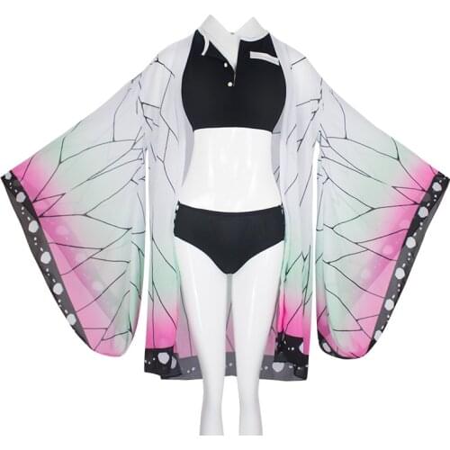 Anime Demon Slayer Haikyuu Agatsuma Tanjirou Splitted Swimsuit Swimwear Bathing Suit with Strapped Butterfly-Printed Yarn Coat