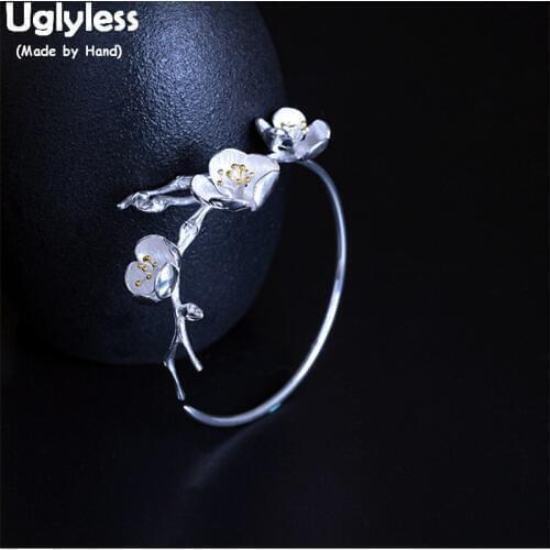 Uglyless Real 925 Sterling Silver Handmade Flowers Bangles for Women Plum Blossom Branch Open Bangle Thin Ethnic Fine Jewelry