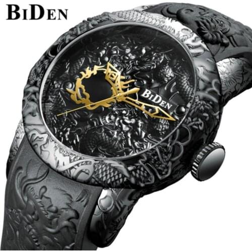 New Fashion Brand BIDEN Sculpture Dragon Mens Quartz Watches Gold Mechanical Watch Men Exquisite Relief Creative Clock Relogio