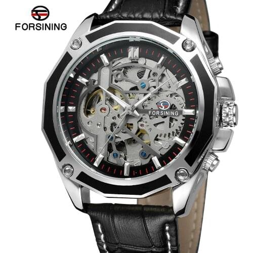 Forsining Steampunk Wristwatch Genuine Belt Self Wind Automatic Men Skeleton Watches Top Brand Luxury Gear Transparent Movement