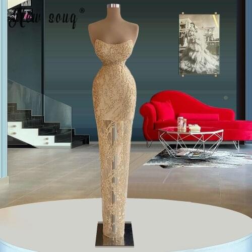 Elegant Champagne Lace Mermaid Evening Dress Strapless Beading Sexy Prom Gown Sparkly Longue Robes Pageant Bridal Dress