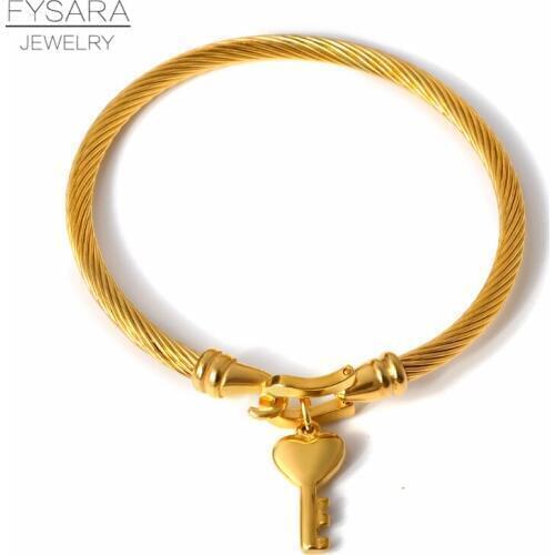 FYSARA Lover Heart Charms Bangles For Women Girl Stainless Steel Wire Cuff Bracelets Brand Designer Gold Color Wrist Pulseiras