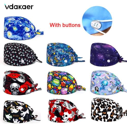 Gorro quirurgico para mujer Skull and ghost print Scrub Caps Cotton Tieback Scrubs Cap Beauty Salon Pet Shop Work Scrubs Hats