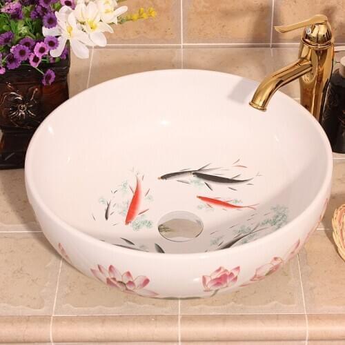 China Painting Fish Ceramic Painting Art Lavabo Bathroom Vessel Sinks Round counter top counter washbasin