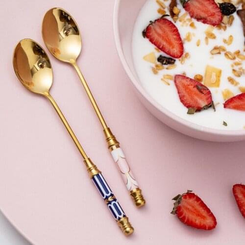 Stainless Steel Coffee Scoop Korean Creative Spoon Ceramic Dessert Ladle Long Handle Stir Spoon Customizable Dinnerware
