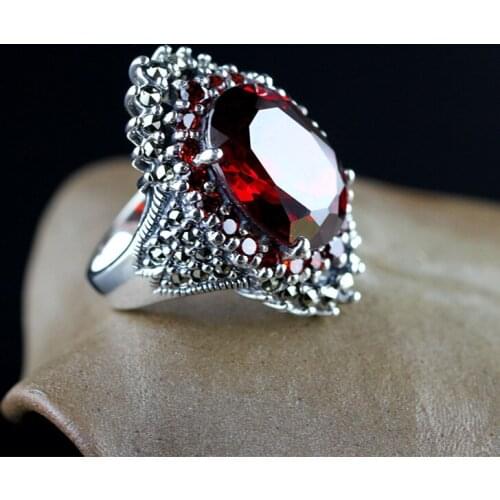Uglyless Creative Big Size Garnet Party Dress Rings for Women Real 925 Sterling Silver Open Rings Red Crystal Fine Jewelry R880