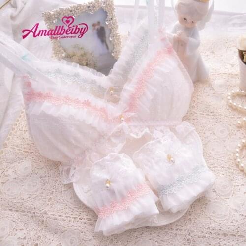 Japanese Underwear Set Kawaii Lolita Triangle Cup Wireless Comfortable Sleep Bra and Panties Set Summer Ruffles Lace Bralette
