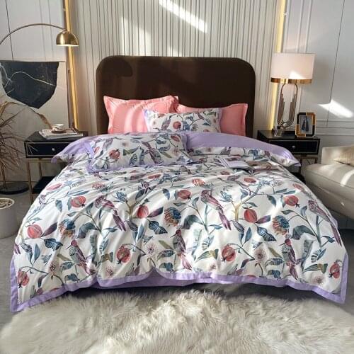 4 Pieces King Queen Size Bedding Sets Cotton Sateen Duvet Cover Set Leaves Fruit Birds Print Bed Linen Purple Bed Sheets Double