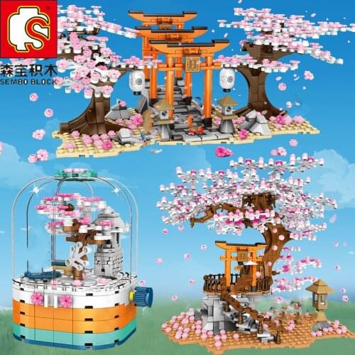 SEMBO City Street View Sakura Inari Shrine Bricks Friends Cherry Blossom House Tree Building Blocks Toys