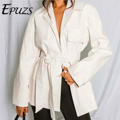 2021 Spring Women Fashion Slim Long Sleeve Pocket Overisze PU Jacket Elegant Sashes Lapel Solid Jacket Famale Outerwear Chic Top