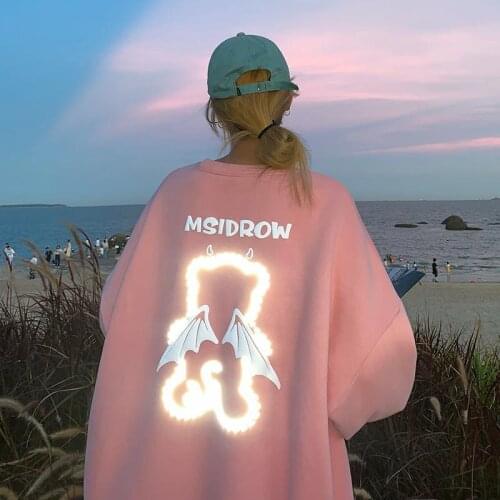 Fashion Harajuku Sweatshirt Hoodies Women Thin Long Sleeve Loose Couple Clothes Reflective Devil Pullover Female Kawaii Tops