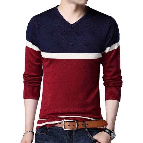 Covrlge Mens V-neck Sweater Autumn Winter Youth Fashion Slim Fit All-match Medium-thick Color Matching Bottoming Sweater MZM111