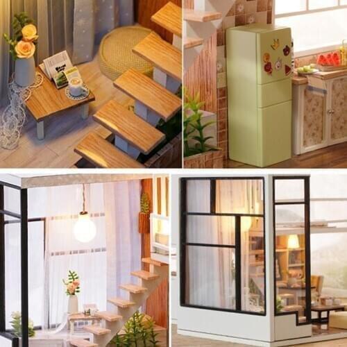 Architecture Model Building Kits Dollhouse with Furniture LED Miniature Wooden F3ME