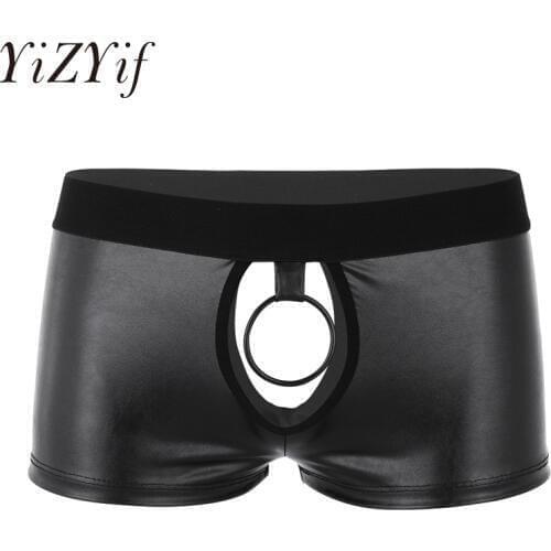 Novelty Mens Lingerie Panties Gay Sex Soft Shiny Leather Open Crotch Shorts Underwear Open Butt boxer Shorts with Front Hole