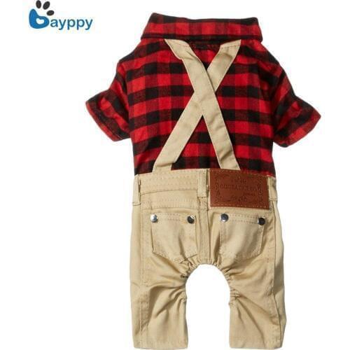Pet Clothes for Dogs Cat Red Plaid Shirts Sweater with Khaki Overalls Pants Jumpsuit Outfits Winter Dog Supplies