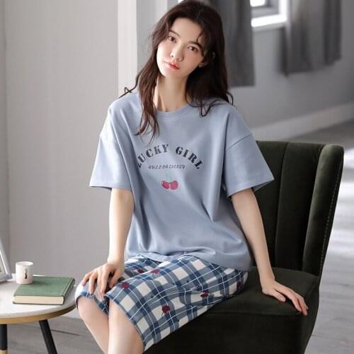 2021 Summer Plus Size Short Sleeve Knee Length Cotton Pajama Sets for Women Casual Plaid Sleepwear Homewear Pijama Mujer Clothes