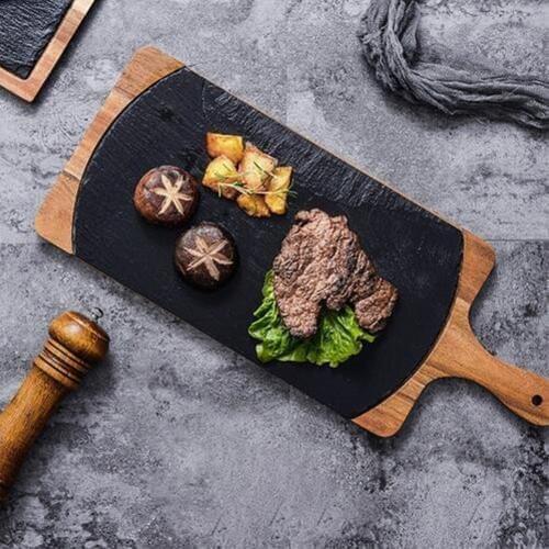Solid Wood Snack Tray Wooden Tray Black SLATE Plate Acacia Wood Wrapped Plate Western Japanese Food Plate Kitchen Decoration