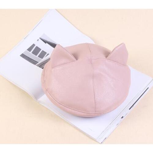 Japanese-style INS Casual Soft Sister Cat Ear PU Leather Beret Womens-Korean-style Versatile Stereo Bud Painter Cap