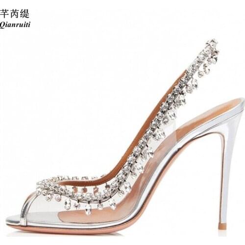 Qianruiti Clear PVC Crystal Wedding Shoes Women Luxury Bling Bling Rhinestone High Heels Peep Toe Stilettos Party Dress Sandals