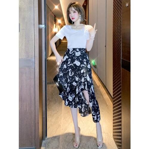 Net yarn splicing T-shirt + new cat printing irregular skirt suits summer