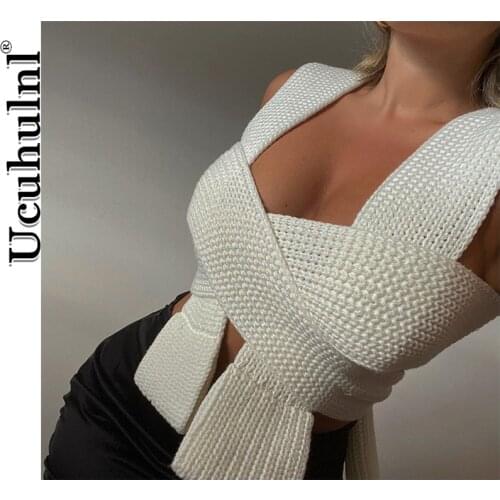 Ucuhulnl Knitted Tank Top Summer Lace Up Vintage Green Women Crop Top 2021 Fashion Female Streetwear Casual Slim Tank Clothing