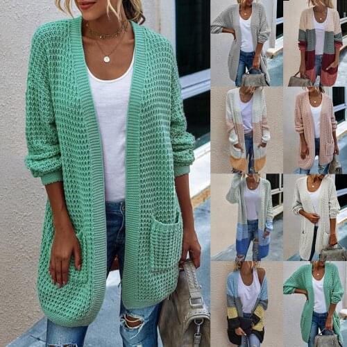Open Front Knit Cardigan long Sleeve Solid Color Block Striped Sweater with Pockets Long Outerwear Femal plus size cardigan