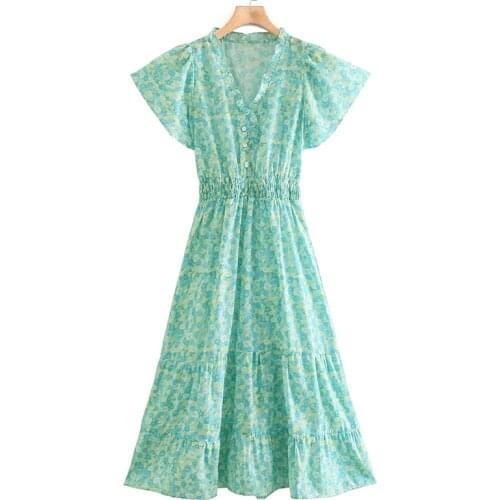 YENKYE Summer Women Sweet Floral Print Long Dress V Neck Short Sleeve Elastic Waist A-line Ladies Dress Holiday Vestido