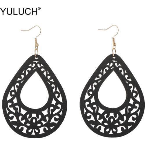 YULUCH 2019 Fashion 4 Colors Wooden Hollow Flower Drop Statement Earrings Ethnic African Women Wood Earrings Jewelry Accessories