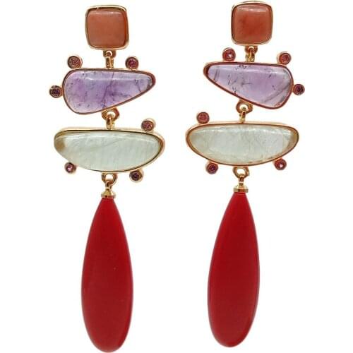 YYGEM Red Turquoises teardrop Natural Prehnites Amethysts Cz pave gold color plated stud Earring