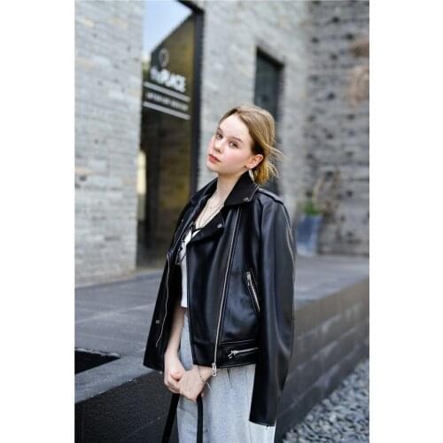 Womens motorcycle leather Nice new short version imitation leather jacket PU jacket with oblique zipper epaulettes